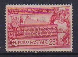 SAN MARINO 1907 ESPRESSI ALLEGORIA E VEDUTA DI SAN MARINO SASS. 1 MLH VF - Francobolli Per Espresso