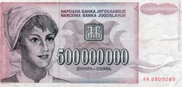 YUGOSLAVIA 500 000 000 DINARA 1993   P-125a  XF  SERIE AA 9809089  RADAR - Yougoslavie