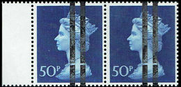 GREAT BRITAIN Machine Bl. 50p Post Office Training Stamps Personnel MARG.PAIR OVPT:2vert. - Variétés, Erreurs & Curiosités