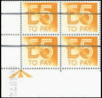 GREAT BRITAIN Postage Due £5 School Training Stamps OVPT:1 Hbar.CORNER 4-BLOCK GB - Variétés, Erreurs & Curiosités