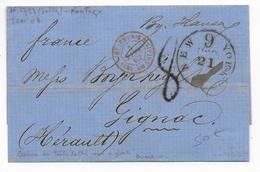 USA - 1859 - LETTRE De NEW YORK => GIGNAC (HERAULT) Avec SUPERBE ENTREE ETATS-UNIS SERVICE AMBULANT CALAIS 3 ! - Entry Postmarks