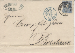 1876- Lettre De BRESLAU ( Allemagne )    Pour Bordeaux Entrée :   ALLEMAGNE / ERQ. PARIS Bleue   Bleue - Entry Postmarks