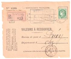 SANCOINS Cher Valeur à Recouvrer N° 1488 2,50 F Vert Cérès Yv 375 Ob 1939 Tf 17 11 1938 Ob Daguin Flamme Dest Précy - Lettres & Documents
