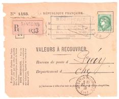 SANCOINS Cher Valeur à Recouvrer N° 1488 2,50 F Vert Cérès Yv 375 Ob 1939 Tf 17 11 1938 Ob Daguin Flamme Dest Précy - Cartas & Documentos