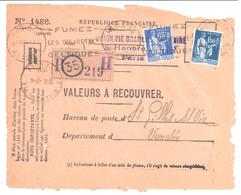 PARIS 35 R. Cambon Valeur à Recouvrer N° 1488 Paix 65c Bleu 1,50F Yv 365 288 Ob Meca Krag B035103 Fumez Vendée St Gilles - Cartas & Documentos