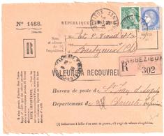 BARBEZIEUX Charente Inf Valeur à Recouvrer Reco 1488 2,25 F Cérés 25c Mercure 25c Yv 375 411 Ob 1939 - Briefe U. Dokumente