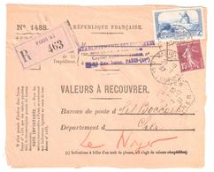 PARIS 64 Valeur à Recouvrer N° 1488 Daudet Semeuse 15 C Yv 311 189 Ob 1937 Dest Le Noyer Cher Hexagone Pointillé F4 - Cartas & Documentos