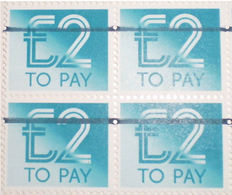 GREAT BRITAIN Postage Due £2 Thin School Training Stamps OVPT:1 Bar H Thin 4-BLOCK - Variétés, Erreurs & Curiosités