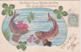 EN RELIEF GAUFREE - POISSON D'AVRIL  - FLEURS TREFLE 4 FEUILLES - 1er Avril - Poisson D'avril