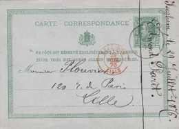 Cachet D'entrée Belgique/Lille Sur Entier Postal Belge 1876 - Marques D'entrées