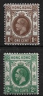 HONG KONG 1912 1c BROWN, 2c DEEP GREEN SG 100, 101 WATERMARK MULTIPLE CROWN CA LIGHTLY MOUNTED MINT  Cat £27+ - Nuevos