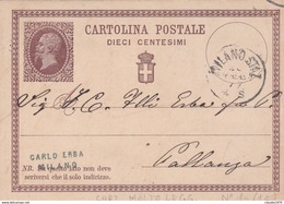 ITALIA - INTERO POSTALE - REGNO - CENT. 10 - VIAGGIATA DA MILANO PER PALLANZA (VB) - Entiers Postaux