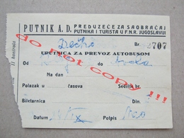 PUTNIK A.D. / FNRJ Yugoslavia - Bus Ticket - Europa