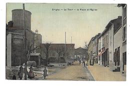 69  -  CPA  Colorisée  Et  Toilée  De  GRIGNY  -  La  Tour  ,  La  Place  Et  L ' Eglise   (  Très  Animée  ) - Grigny