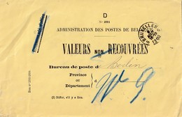 DDW 897  --  Enveloppe De Valeurs Non Recouvrées En FRANCHISE - BRUXELLES 1900 Vers BERLIN + Etiquette Verso - Folletos De La Oficina De Correos