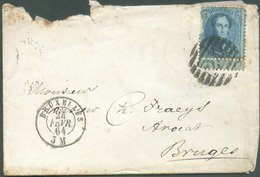 N°15 - 20 Centimes Bdf Inférieur Avec Interpanneau (déf. à Gauche) Obl; P.24 à 10 Barres Sur Enveloppe De BRUXELLES Le 2 - 1863-1864 Medaillen (13/16)