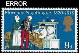 CV:€18.00 Great Britain 1970 Florence Nightingale Nurse Soldier Health War 9d ERROR:no Emboss. GB - Errors, Freaks & Oddities (EFOs