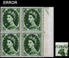 CV:€7.20 GREAT BRITAIN 1958 QII Wildings 9d Phos. 4-BLOCK ERROR:frame One Stamp GB - Errors, Freaks & Oddities (EFOs