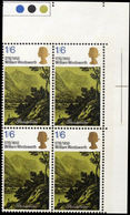 CV:€28.80 Great Britain 1970 Grasmere Mountains Art Lake 1/6Sh CORNER.4-BLOCK ERROR:no Emboss.GB - Errors, Freaks & Oddities (EFOs