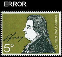 CV:€1440.00 Great Britain 1971 Thomas Gray Autor 5p ERROR:no Gold - Errors, Freaks & Oddities (EFOs