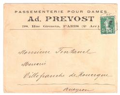 PARIS Lettre Entête PASSEMENTERIE Pour Dames PREVOST R Grenata 5c Vert Semeuse Yv 137 - Cartas & Documentos