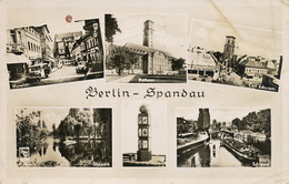 Real Photo Multi View Berlin Spandau Peniche Canal Apotheke Adler Pharmacy Tram Wolkswagen Sent In 1955 - Spandau