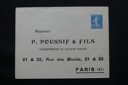 FRANCE - Entier Postal Type Semeuse 25ct, Repiquage Commerciale De Poussif Et Fils Travaux Publics à Paris - L 58317 - Bigewerkte Envelop  (voor 1995)