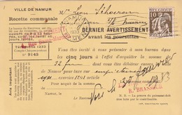 DDW 944  --  Carte Privée TP Cérès NAMUR 1933 - Entete Ville De Namur , Dernier Avertissement Avant Poursuites - 1932 Ceres Und Mercure