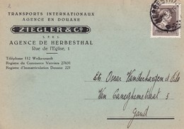 DDW 951  --  Carte Privée TP Col Ouvert HERBESTHAL 1953 - Entete Agence En Douane , Transports Internationaux Ziegler - 1936-1957 Open Kraag