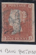 GRAN BRETAGNA 1841 1d RED  LETT. TL  PLATE ....  SUPERB USED STAMP SUPERB BLUE POSTMARK - Gebraucht