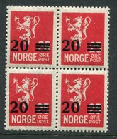 NORWAY 1927 Surcharge 20 On 25 Øre Block Of Four MNH / **. - Neufs