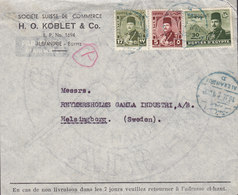 Egypt Egypte H. O. KOBLET & Co. Purple Par Avion ALEXANDRIE 1949 Cover Lettre HELSINGBORG Sweden (Red) T-Cancel TAXE - Lettres & Documents