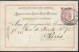 Turquie - Bureaux Autrichiens - Entier Postal U.P.U 10 H Surchargé 20 Para De Constantinople Vers Paris LE 25-10-1901 - - Briefe U. Dokumente