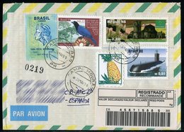 BRASIL BRAZIL (1999) - Bird, Mercosul, Submarine, Aracaxi, Pineapple, Gralha Azul - Registered Cover - Briefe U. Dokumente