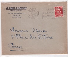 FRANCE - Lettre -  Enveloppe Publicitaire - Le Gant D' Argent - Fabrique De Gants Nantes - Gandon 15f - 1949 - Cartas