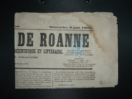 LE COURRIER DE ROANNE 1re Année N°5 Du 6 Juin 1869 TP IMPERIAL BLEU Annulé + PUB Etab THERMAL SAINT-ALBAN EAUX MINERALES - Periódicos