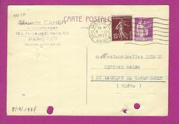 ENTIERS POSTAUX CARTE POSTALE TYPE PAIX Avec COMPLEMENT SEMEUSE Obl PARIS - Standard Postcards & Stamped On Demand (before 1995)