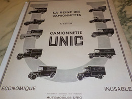 ANCIENNE PUBLICITE LA REINE DES  CAMIONNETTE UNIC   1924 - Camions