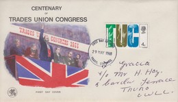 Enveloppe  FDC  1er   Jour   GRANDE  BRETAGNE    100éme  Anniversaire    TRADE  UNION  CONGRESS   1968 - 1952-71 Ediciones Pre-Decimales