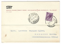 5719 - STORIA POSTALE STT SOCIETA' TESSUTI TORINO SPEDITA A PONZONE TRIVERO BIELLA 1960 - Marchands