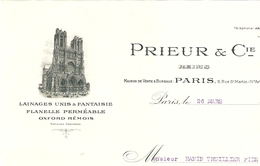 FACTURE 1928 PRIEUR & Cie FLANELLE OXFORD RÉMOIS - 9 RUE St MARTIN PARIS 4 ème - DESSIN CATHÉDRALE DE REIMS - JOINVILLE - Vestiario & Tessile