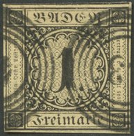 BADEN 1a O, 1851, 1 Kr. Schwarz Auf Sämisch, Nummernstempel 43 (FREIBURG), Allseits Voll-überrandig, Kabinett, Fotoattes - Altri & Non Classificati