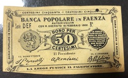 Faenza Banca Popolare 50 Cent 1866 R3 RRR  Biglietti Fiduciari Splendido Biglietto Forellino LOTTO 1332 - Sonstige & Ohne Zuordnung