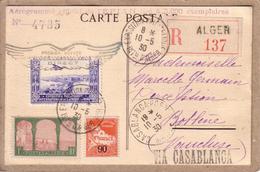 ALGERIE , MAROC - CARTE AEROGRAMME N° 4735 DE L'EPIAN , PREMIER VOYAGE ALGER CASABLANCA DIRECT , RECOMMANDE - 1930 - Poste Aérienne