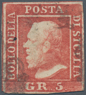 Italien - Altitalienische Staaten: Sizilien: 1859, 5 Gr Rose-vermilion On Naples-paper Tied By Horse - Sicilia