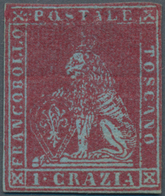 Italien - Altitalienische Staaten: Toscana: 1851, 1 Cr Lilac-carmine Red On Blue Paper Unused With P - Toscana