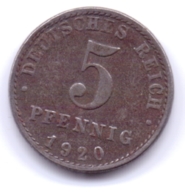DEUTSCHES REICH 1920 A: 5 Pfennig, KM 19 - 5 Renten- & 5 Reichspfennig