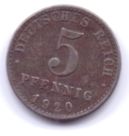 DEUTSCHES REICH 1920 A: 5 Pfennig, KM 19 - 5 Rentenpfennig & 5 Reichspfennig