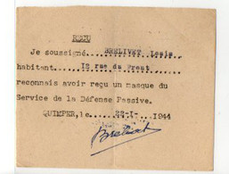 B1 22 01 1944  Recu Pour Masque Défense Passive à Quimper.. - Guerra Del 1939-45
