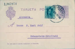 1923 , BARCELONA -HOHENSTEIN , ENTERO POSTAL CIRCULADO , ED. 50 , FRANQUEO COMPLEMENTARIO - 1850-1931